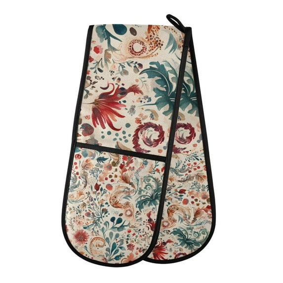 Yayeee Double Oven Mitt Kitchen Heat Resistant Baking 35" x7" Quilted Glove, Watercolor Leaves