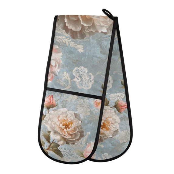 Yayeee Double Oven Mitt Kitchen Heat Resistant Baking 35" x7" Quilted Glove, Whimsical Rose