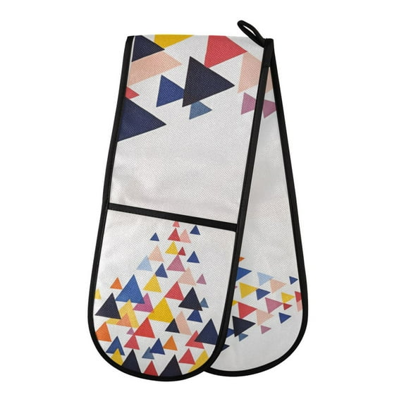 Yayeee Double Oven Mitt Kitchen Heat Resistant Baking 35" x7" Quilted Glove, White Abstract Triangles