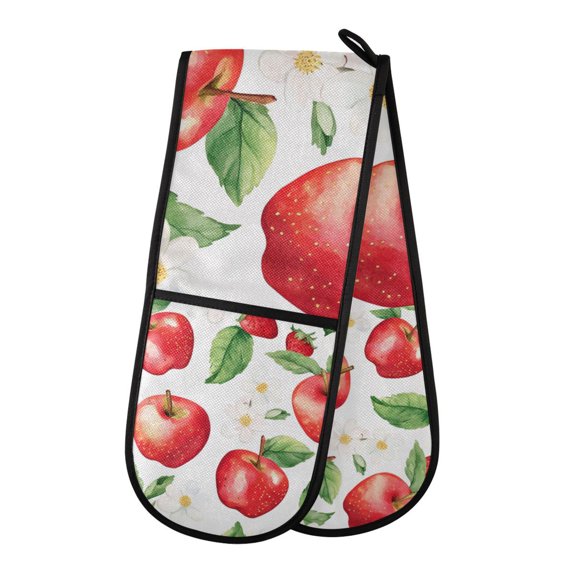 Yayeee Double Oven Mitt Kitchen Heat Resistant Baking 35" x7" Quilted Glove, White Apple Pattern