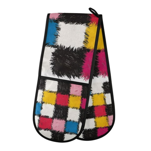 Yayeee Double Oven Mitt Kitchen Heat Resistant Baking 35" x7" Quilted Glove, White Checkered Pattern