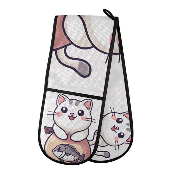 Yayeee Double Oven Mitt Kitchen Heat Resistant Baking 35" x7" Quilted Glove, White Cute Cat