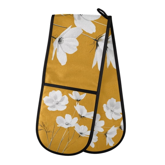 Yayeee Double Oven Mitt Kitchen Heat Resistant Baking 35" x7" Quilted Glove, White Flowers