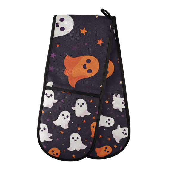 Yayeee Double Oven Mitt Kitchen Heat Resistant Baking 35" x7" Quilted Glove, White Halloween Ghosts