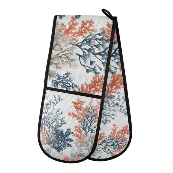 Yayeee Double Oven Mitt Kitchen Heat Resistant Baking 35" x7" Quilted Glove, White Sea Plants