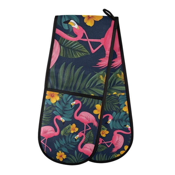 Yayeee Double Oven Mitt Kitchen Heat Resistant Baking 35" x7" Quilted Glove, Yellow Floral Flamingo