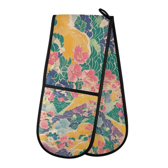 Yayeee Double Oven Mitt Kitchen Heat Resistant Baking 35" x7" Quilted Glove, Yellow Floral Wave