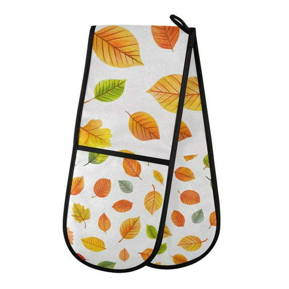 Yayeee Double Oven Mitt Kitchen Heat Resistant Baking 35" x7" Quilted Glove, Yellow Leaves