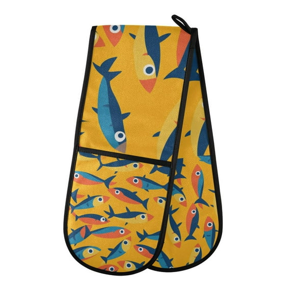 Yayeee Double Oven Mitt Kitchen Heat Resistant Baking 35" x7" Quilted Glove, Yellow Sardines Pattern