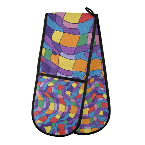 Yayeee Double Oven Mitt Kitchen Heat Resistant Baking 35" x7" Quilted Glove, Yellow Wavy Plaid