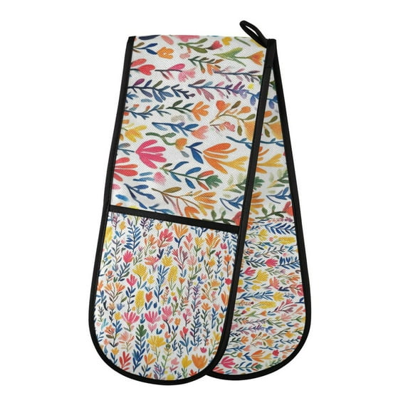 Yayeee Double Oven Mitt Kitchen Heat Resistant Baking 35" x7" Quilted Glove, Yellow Wildflower Pattern