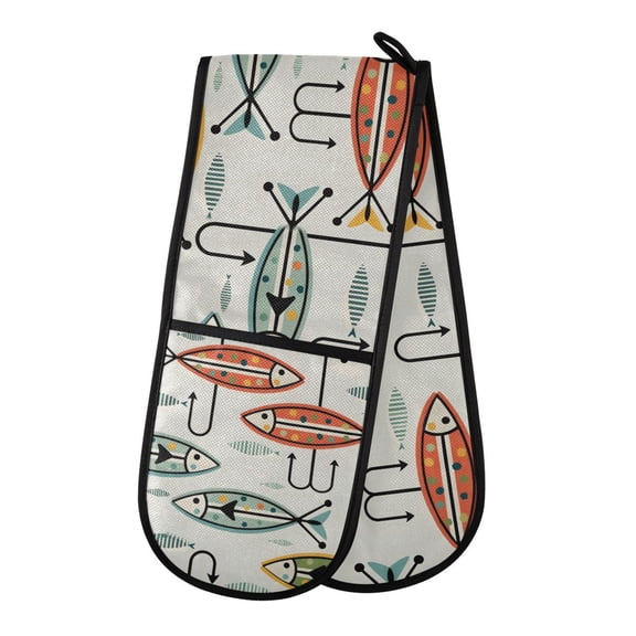 Yayeee Double Oven Mitt Kitchen Heat Resistant Baking 35" x7" Quilted Cotton Glove, Abstract Fish Pattern