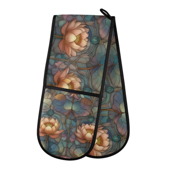 Yayeee Double Oven Mitt Kitchen Heat Resistant Baking 35" x7" Quilted Cotton Glove, Abstract Water Lilies Pattern