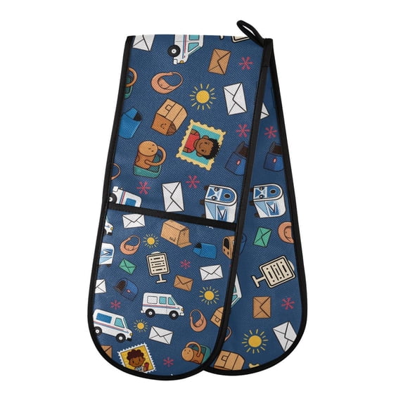 Yayeee Double Oven Mitt Kitchen Heat Resistant Baking 35" x7" Quilted Cotton Glove, Cartoon Mail Truck Pattern