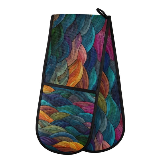Yayeee Double Oven Mitt Kitchen Heat Resistant Baking 35" x7" Quilted Cotton Glove, Colorful Waves Pattern