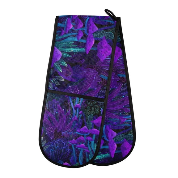 Yayeee Double Oven Mitt Kitchen Heat Resistant Baking 35" x7" Quilted Cotton Glove, Dark Mushrooms Pattern