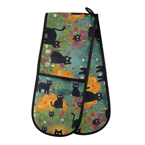 Yayeee Double Oven Mitt Kitchen Heat Resistant Baking 35" x7" Quilted Cotton Glove, Floral Black Cats Pattern