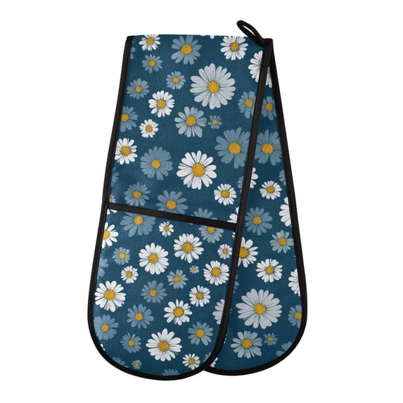Yayeee Double Oven Mitt Kitchen Heat Resistant Baking 35" x7" Quilted Cotton Glove, Green Daisy Pattern