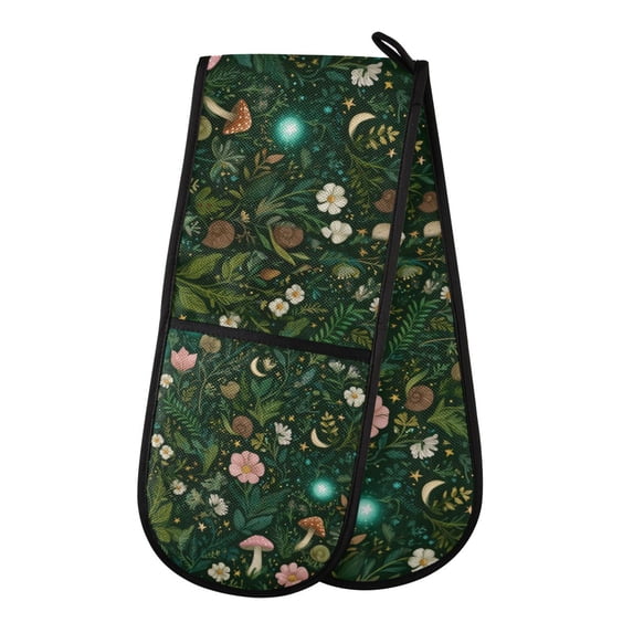 Yayeee Double Oven Mitt Kitchen Heat Resistant Baking 35" x7" Quilted Cotton Glove, Green Forest Pattern
