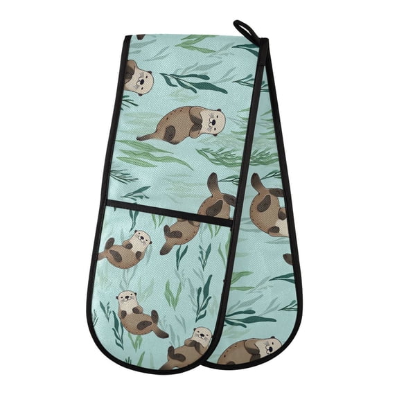Yayeee Double Oven Mitt Kitchen Heat Resistant Baking 35" x7" Quilted Cotton Glove, Green Otters Pattern