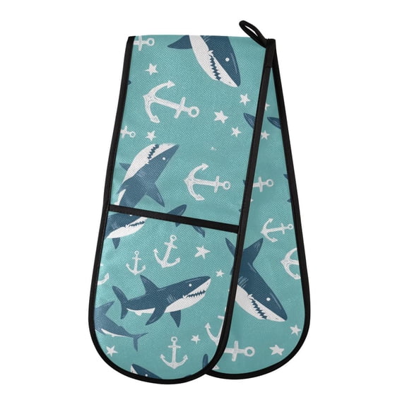 Yayeee Double Oven Mitt Kitchen Heat Resistant Baking 35" x7" Quilted Cotton Glove, Green Shark Pattern