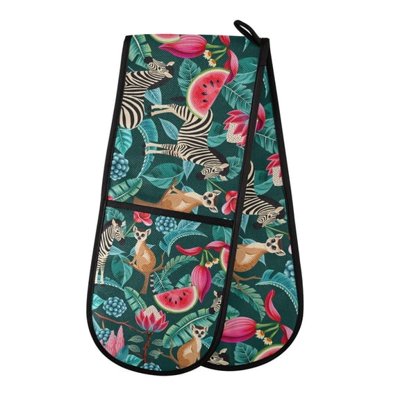 Yayeee Double Oven Mitt Kitchen Heat Resistant Baking 35" x7" Quilted Cotton Glove, Green Tropical Pattern