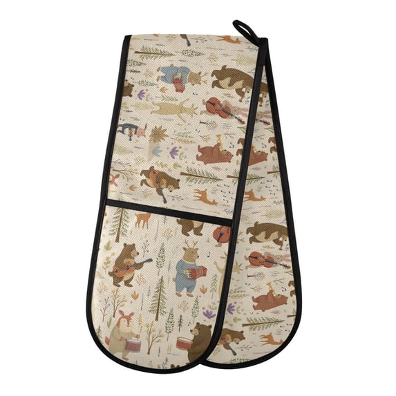 Yayeee Double Oven Mitt Kitchen Heat Resistant Baking 35" x7" Quilted Cotton Glove, Musical Animals Pattern