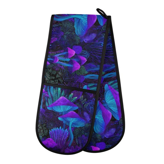 Yayeee Double Oven Mitt Kitchen Heat Resistant Baking 35" x7" Quilted Cotton Glove, Night Mushrooms Pattern