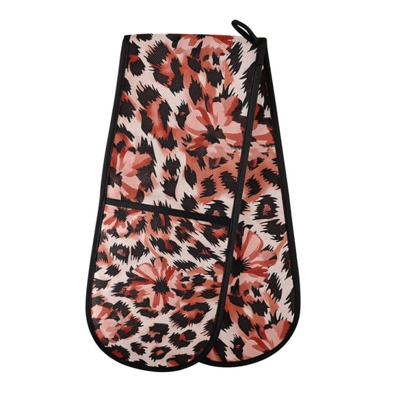 Yayeee Double Oven Mitt Kitchen Heat Resistant Baking 35" x7" Quilted Cotton Glove, Orange Floral Leopard Pattern