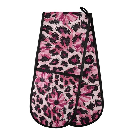 Yayeee Double Oven Mitt Kitchen Heat Resistant Baking 35" x7" Quilted Cotton Glove, Pink Floral Leopard Pattern