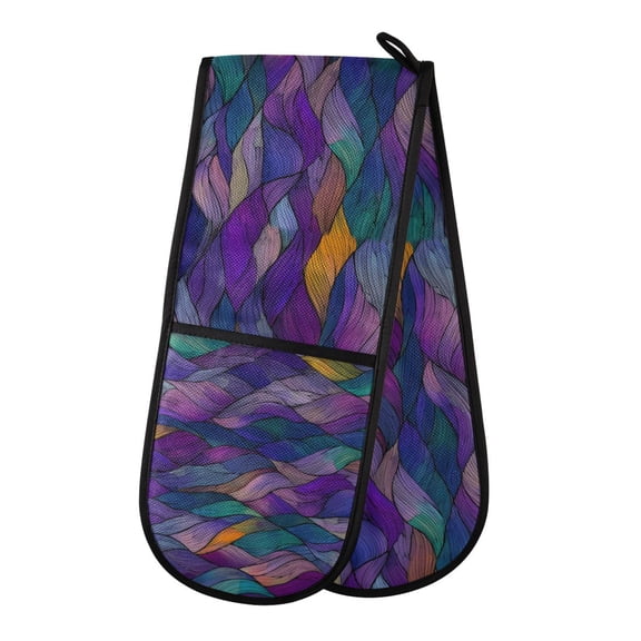 Yayeee Double Oven Mitt Kitchen Heat Resistant Baking 35" x7" Quilted Cotton Glove, Purple Waves Pattern