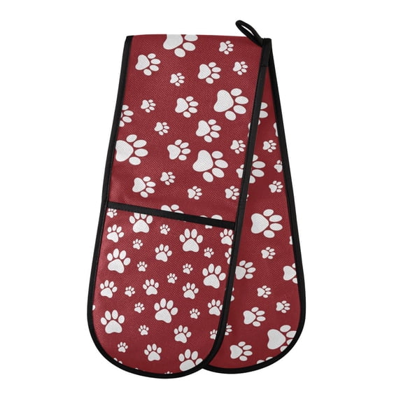Yayeee Double Oven Mitt Kitchen Heat Resistant Baking 35" x7" Quilted Cotton Glove, Red Cartoon Paws Pattern