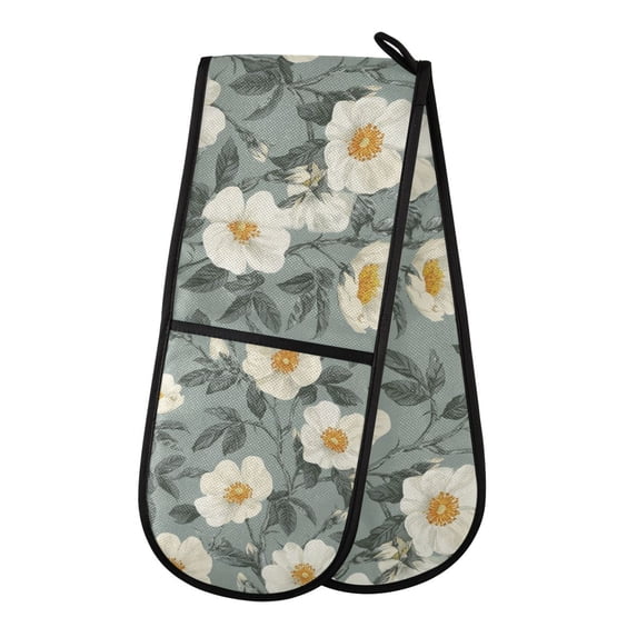 Yayeee Double Oven Mitt Kitchen Heat Resistant Baking 35" x7" Quilted Cotton Glove, Sage Green Flower Pattern