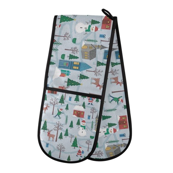 Yayeee Double Oven Mitt Kitchen Heat Resistant Baking 35" x7" Quilted Cotton Glove, Snowy Christmas Pattern