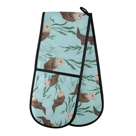 Yayeee Double Oven Mitt Kitchen Heat Resistant Baking 35" x7" Quilted Cotton Glove, Swimming Otters Pattern