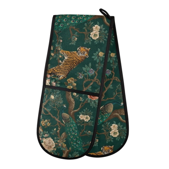 Yayeee Double Oven Mitt Kitchen Heat Resistant Baking 35" x7" Quilted Cotton Glove, Tiger and Peacock Pattern
