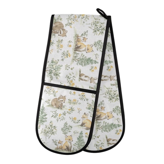 Yayeee Double Oven Mitt Kitchen Heat Resistant Baking 35" x7" Quilted Cotton Glove, Watercolor Forest Pattern