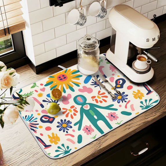 Yayeee Dish Drying Mat for Kitchen Counter 16" x 18" Microfiber Super Absorbent Coffee Decorative Pad, Abstract Floral