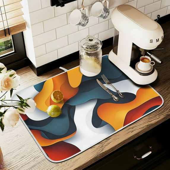 Yayeee Dish Drying Mat for Kitchen Counter 18" x 24" Microfiber Super Absorbent Coffee Decorative Pad, Abstract Wavy