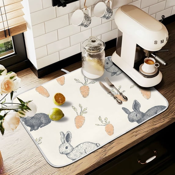 Yayeee Dish Drying Mat for Kitchen Counter 16" x 18" Microfiber Super Absorbent Coffee Decorative Pad, Adorable Bunnies