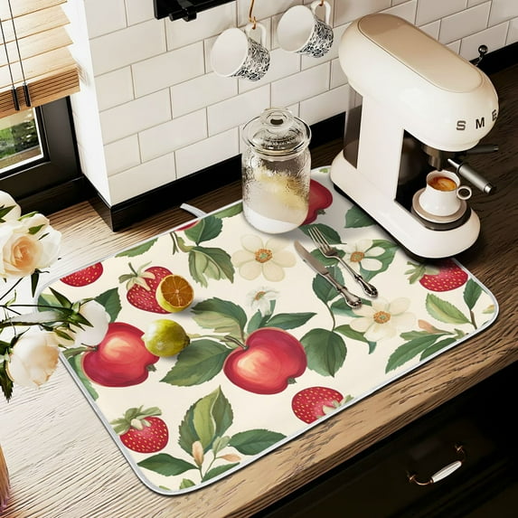 Yayeee Drying Mat for Kitchen Counter Dishes Microfiber Coffee Decorative Pad, Apple Leaves Pattern