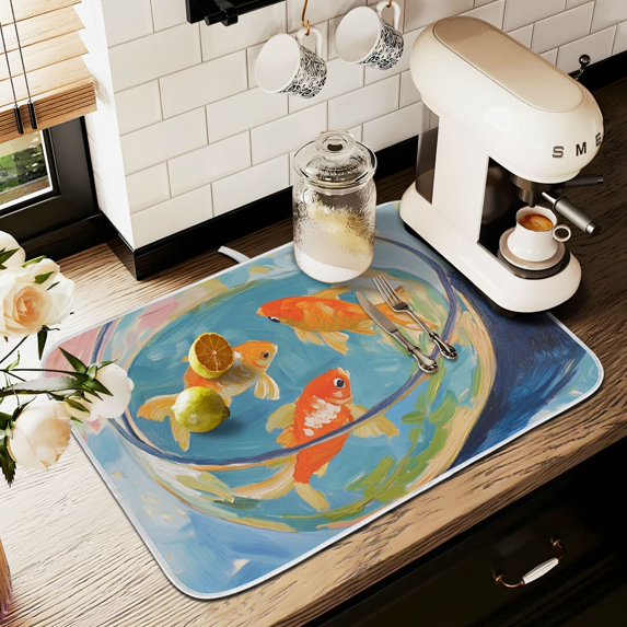 Yayeee Dish Drying Mat for Kitchen Counter 16" x 18" Microfiber Super Absorbent Coffee Decorative Pad, Art Goldfish