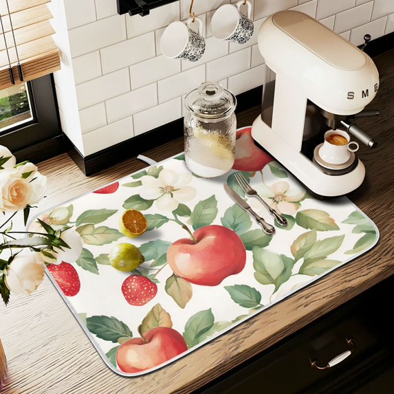 Yayeee Drying Mat for Kitchen Counter Dishes Microfiber Coffee Decorative Pad, Beige Apple Pattern