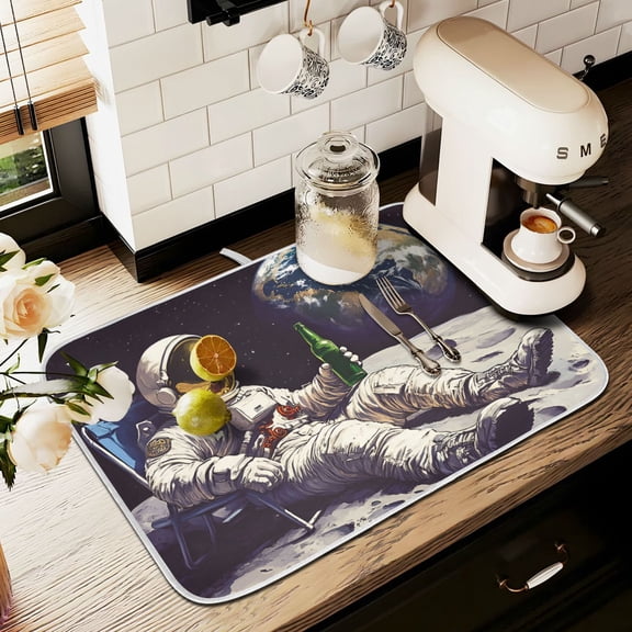 Yayeee Dish Drying Mat for Kitchen Counter 16" x 18" Microfiber Super Absorbent Coffee Decorative Pad, Beige Astronaut