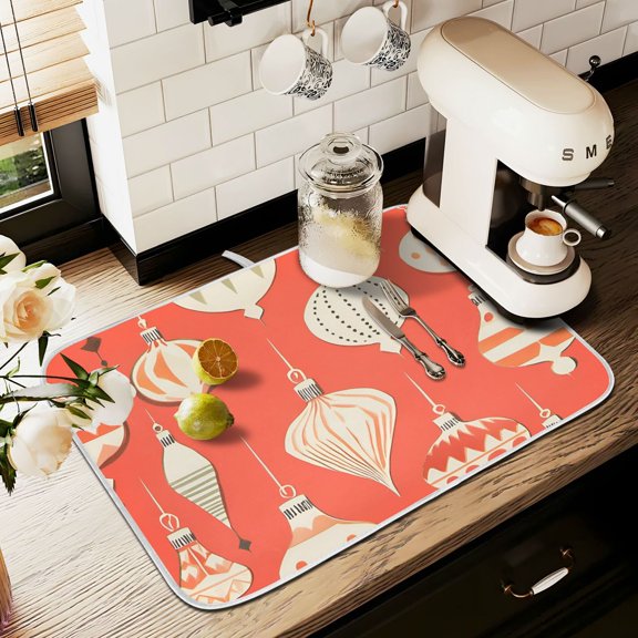 Yayeee Dish Drying Mat for Kitchen Counter 16" x 18" Microfiber Super Absorbent Coffee Decorative Pad, Beige Christmas Ornaments Pattern