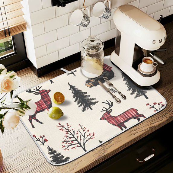 Yayeee Dish Drying Mat for Kitchen Counter 16" x 18" Microfiber Super Absorbent Coffee Decorative Pad, Beige Christmas Plaid