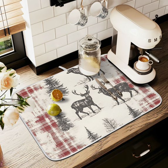 Yayeee Dish Drying Mat for Kitchen Counter 16" x 18" Microfiber Super Absorbent Coffee Decorative Pad, Beige Deer