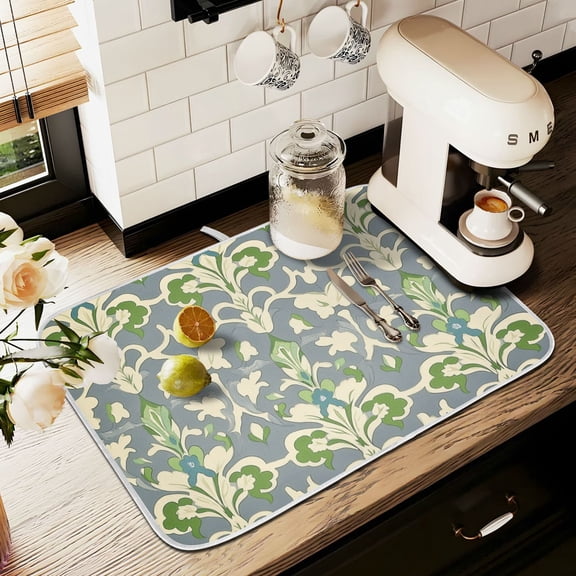 Yayeee Dish Drying Mat for Kitchen Counter 16" x 18" Microfiber Super Absorbent Coffee Decorative Pad, Beige Floral