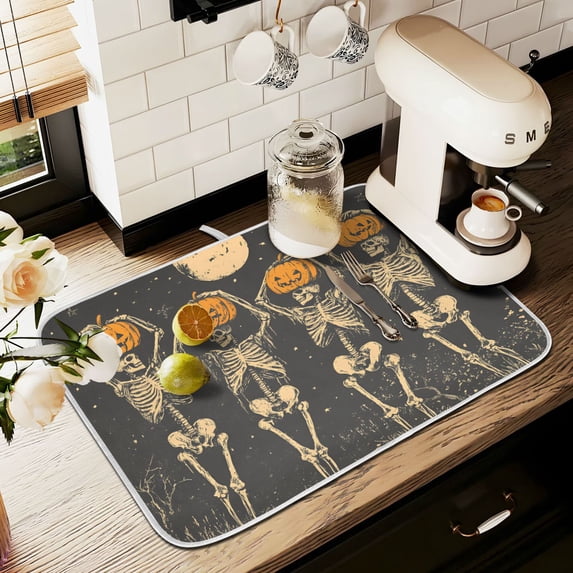 Yayeee Dish Drying Mat for Kitchen Counter 16" x 18" Microfiber Super Absorbent Coffee Decorative Pad, Beige Halloween Skeleton