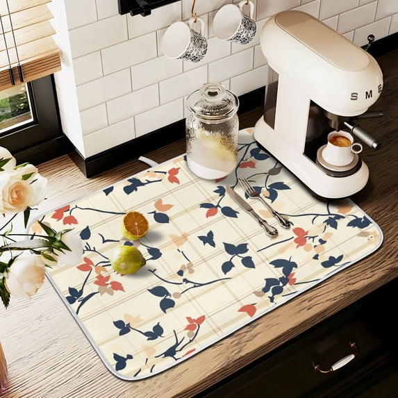 Yayeee Dish Drying Mat for Kitchen Counter 18" x 24" Microfiber Super Absorbent Coffee Decorative Pad, Beige Leaves Plaid